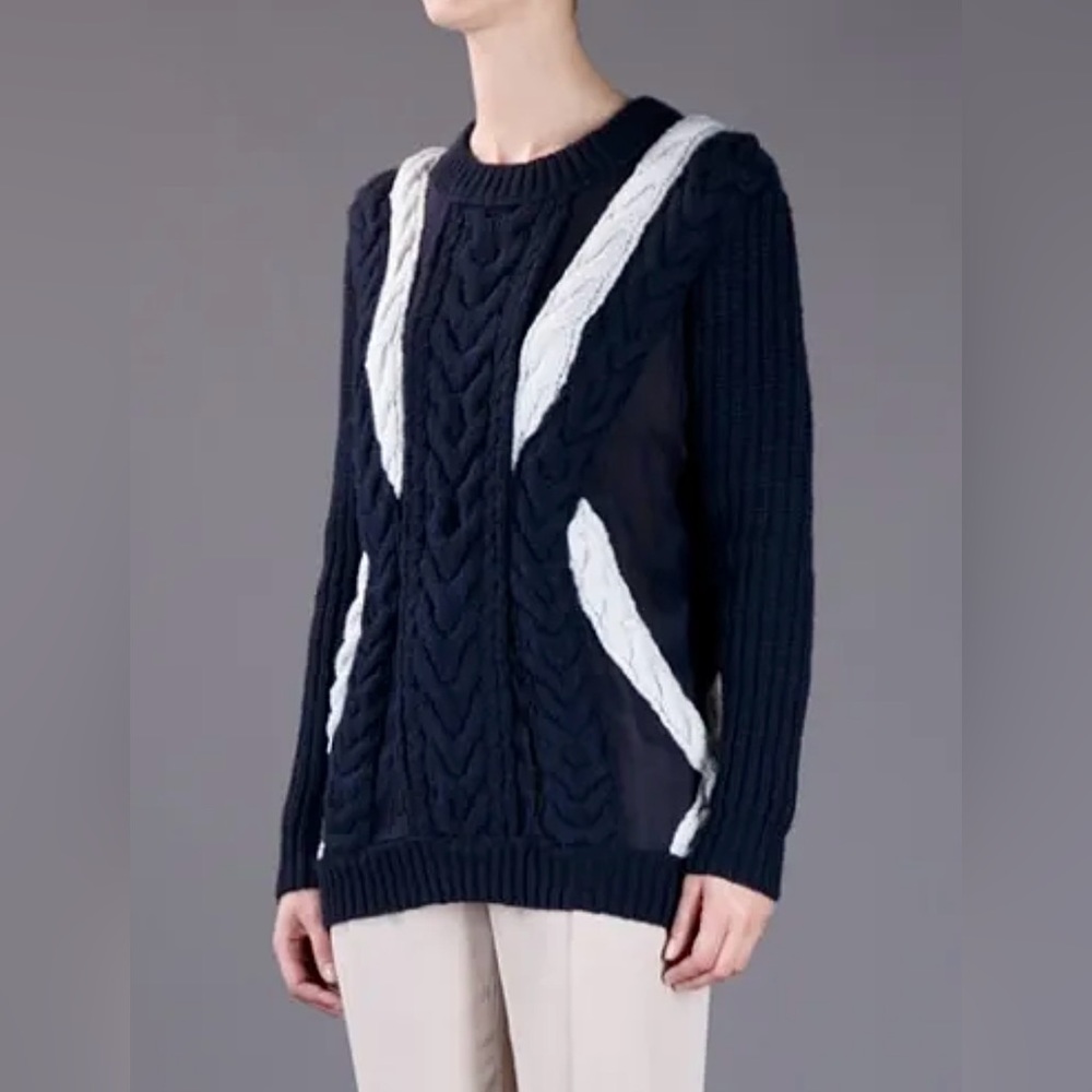 HOT 3.1 Phillip Lim Blue White Silk Sheer Cable Knit Pullover Sweater $750+tax!